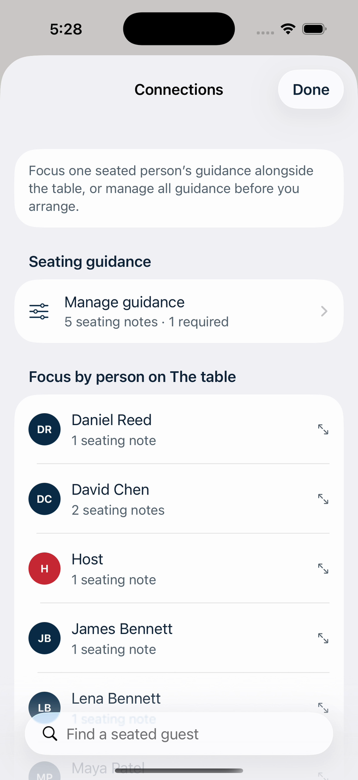 Hostwelly Connections showing seating guidance for Daniel Reed, David Chen, the Host, James Bennett, Lena Bennett, and Maya Patel.