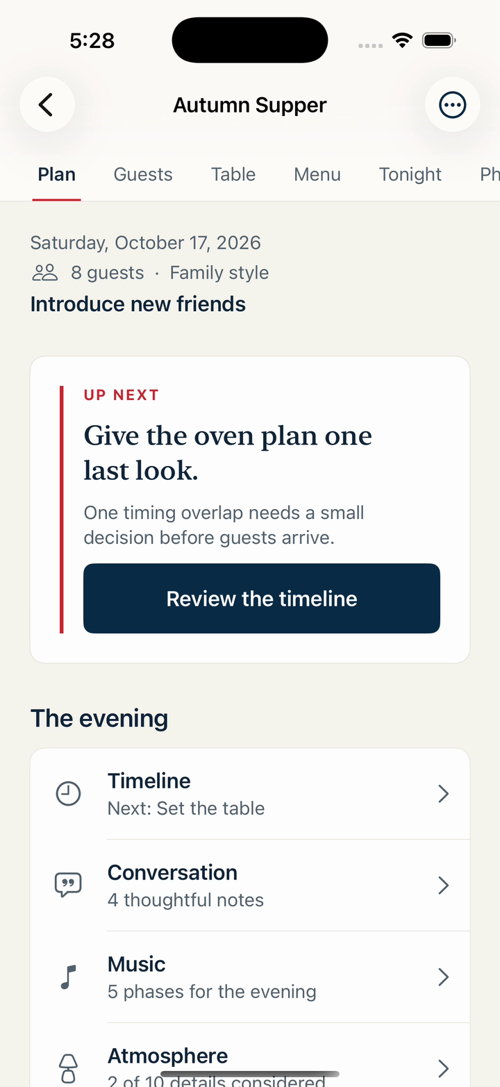 Hostwelly’s Autumn Supper plan showing an oven timing decision and links to Timeline, Conversation, Music, and Atmosphere.