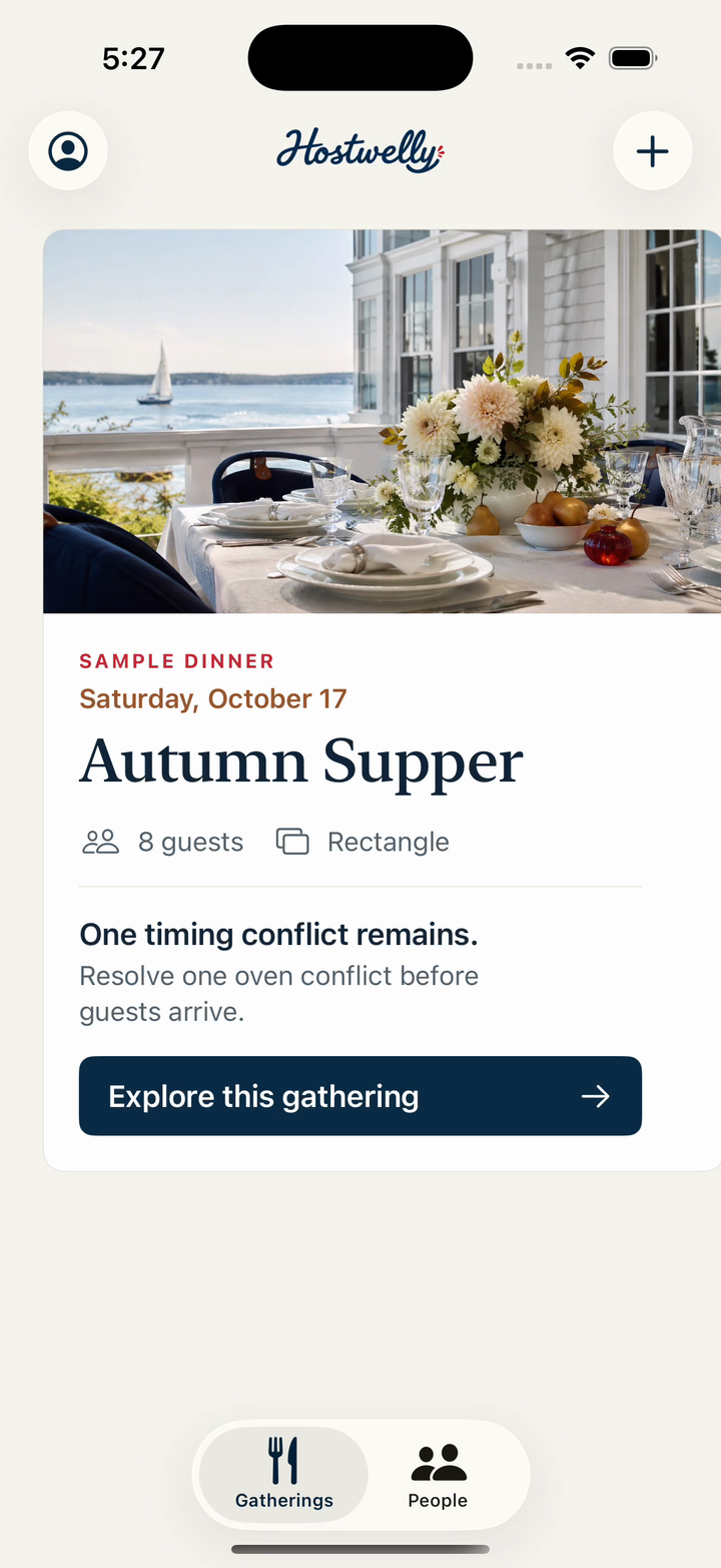Hostwelly Gatherings showing the Autumn Supper sample dinner for eight guests at a rectangular table, with one timing conflict to resolve.