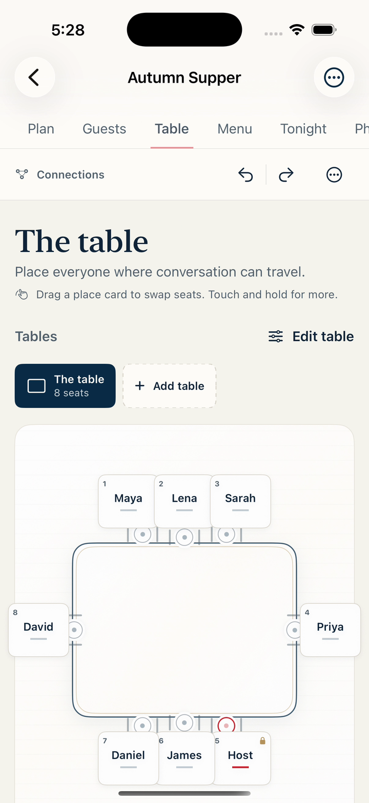 Hostwelly Table screen for Autumn Supper. Maya, Lena, and Sarah sit across the top; Priya at the right end; Host, James, and Daniel across the bottom; and David at the left end. The Host seat is locked at lower right.