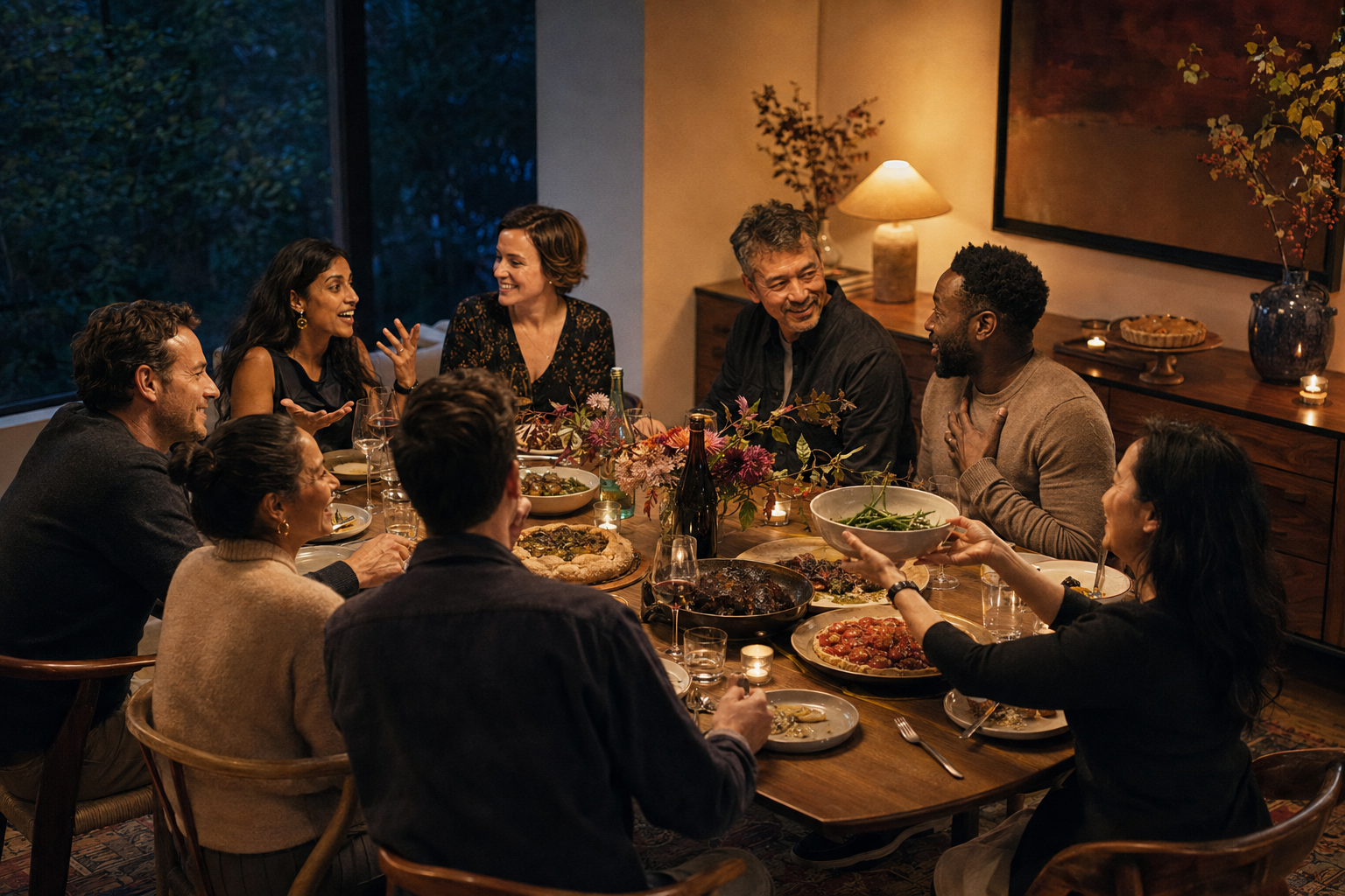 Eight friends laughing and talking around a warmly lit rectangular dinner table.