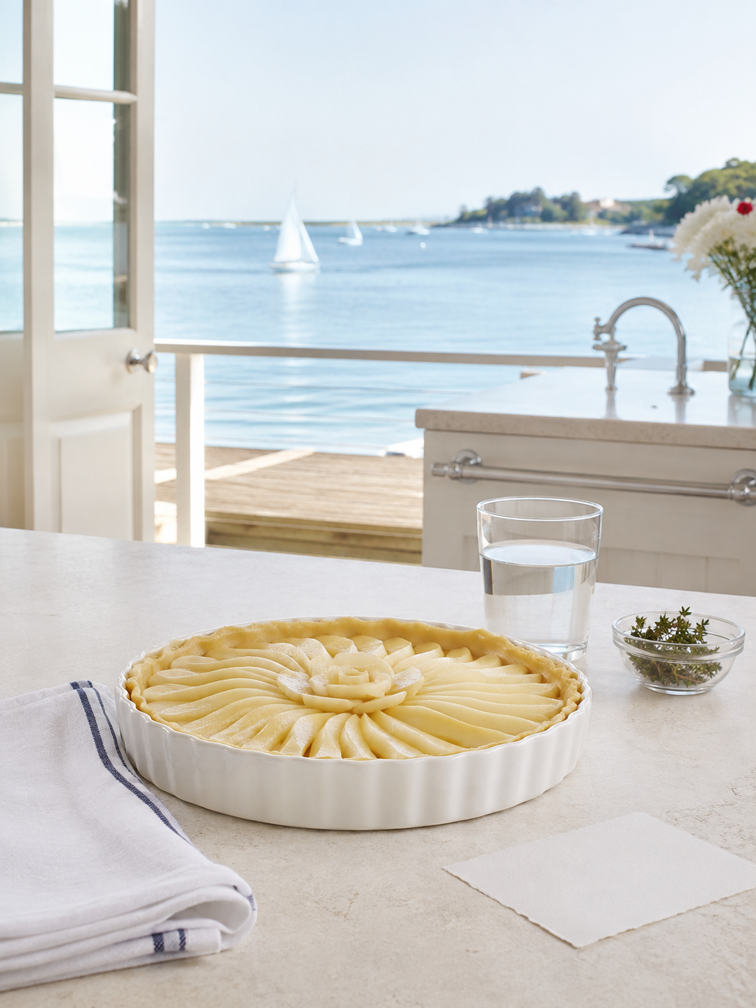 A pear tart prepared in a bright coastal kitchen overlooking blue water and sailboats.