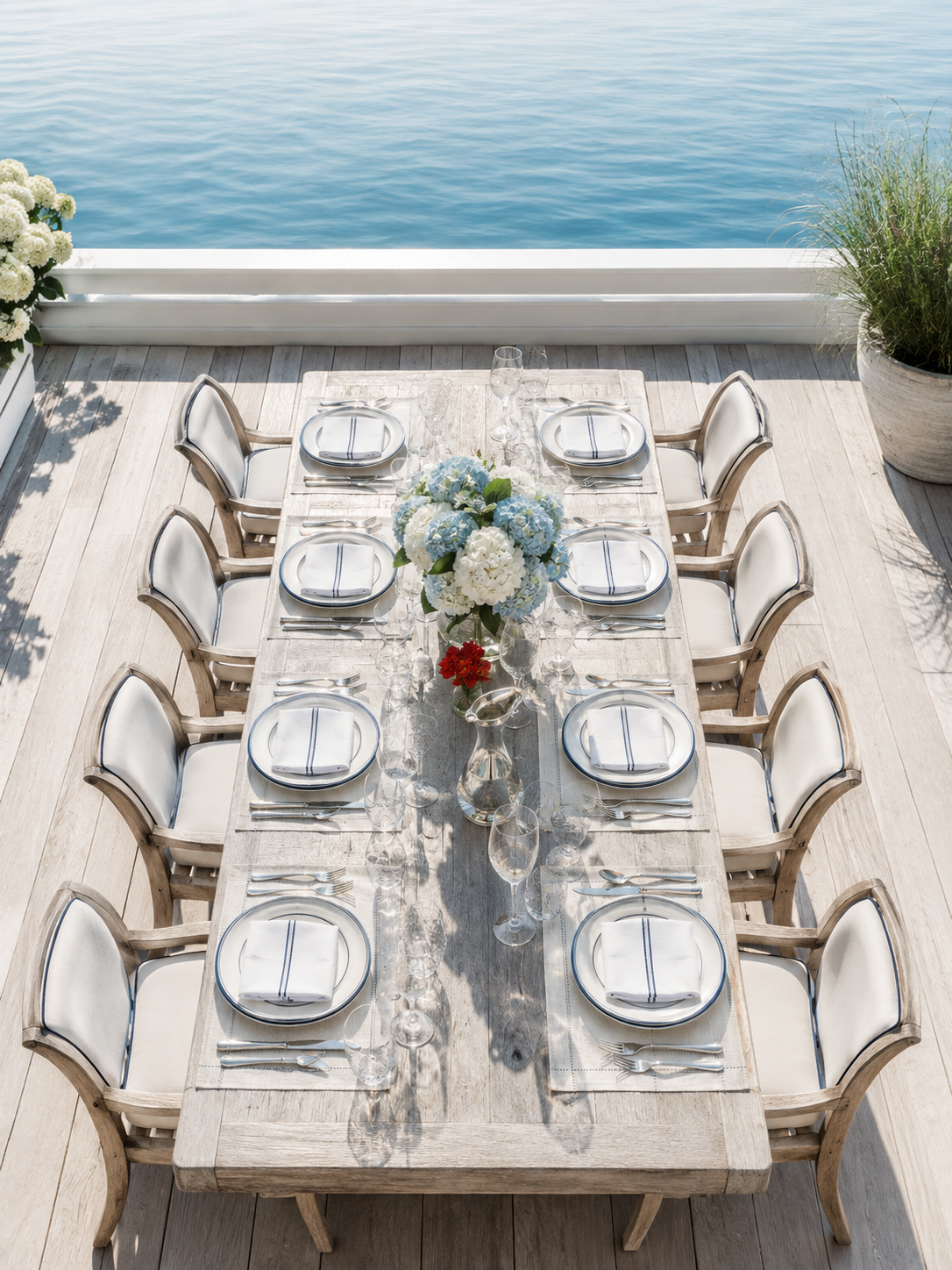 A sunlit coastal table set for eight with white-and-navy linens beside calm blue water.